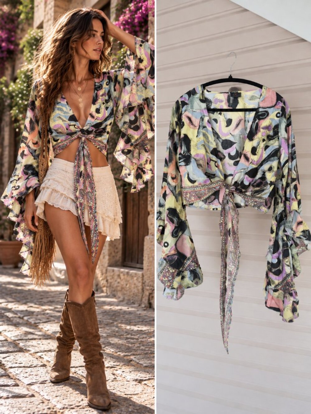 Valdior Multicolor Abstract Print Silk Wrap Top Flared Sleeves Boho Y2K